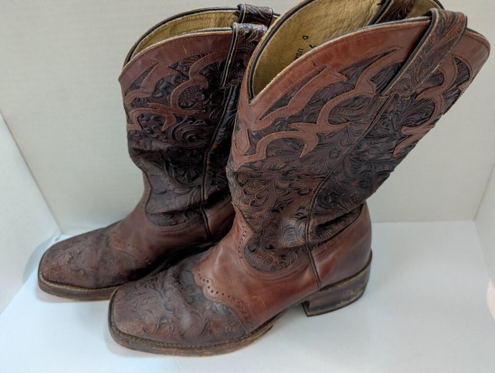 Boulet Men's Size 9D Tooled Leather Western Cowboy Boots Brown Made in Canada